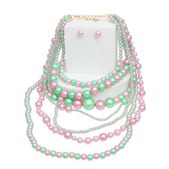 AKA Sorority Pink Green 7 Strand Pearl Necklace Set - Picture 4 of 7